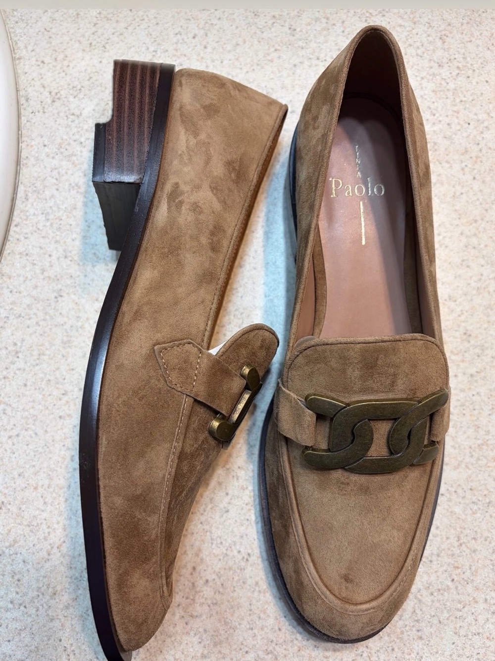 Paolo Tan Suede Loafers with Brass Chain Accent